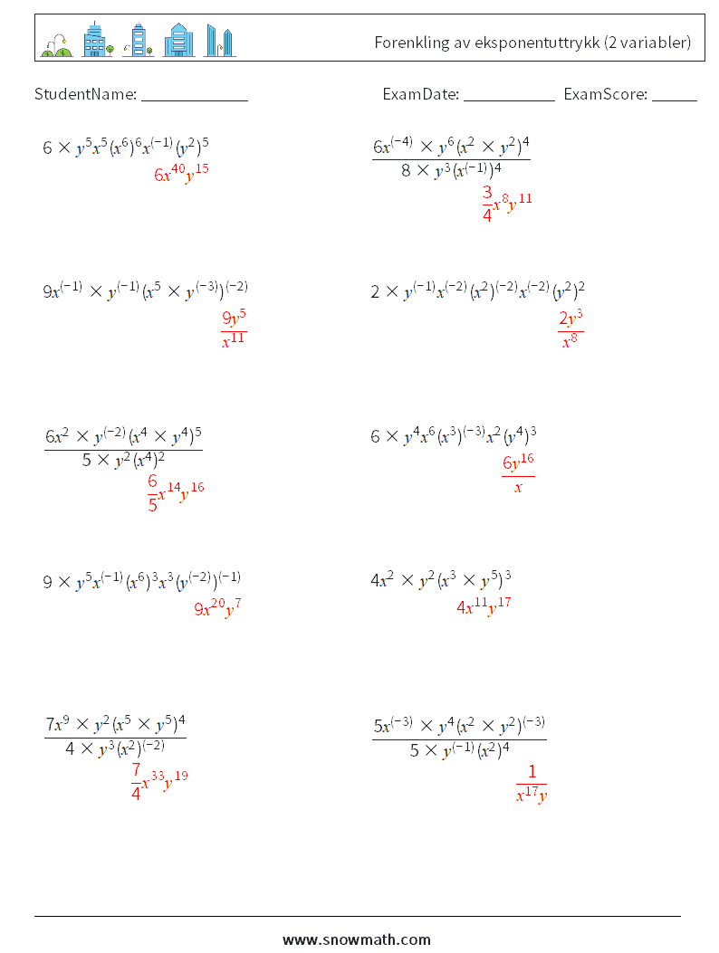  Forenkling av eksponentuttrykk (2 variabler) MathWorksheets 9 QuestionAnswer