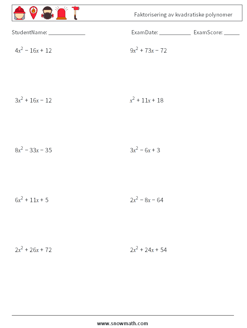 Faktorisering av kvadratiske polynomer MathWorksheets 1