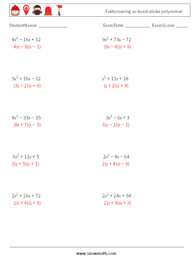 Faktorisering av kvadratiske polynomer MathWorksheets 1 QuestionAnswer