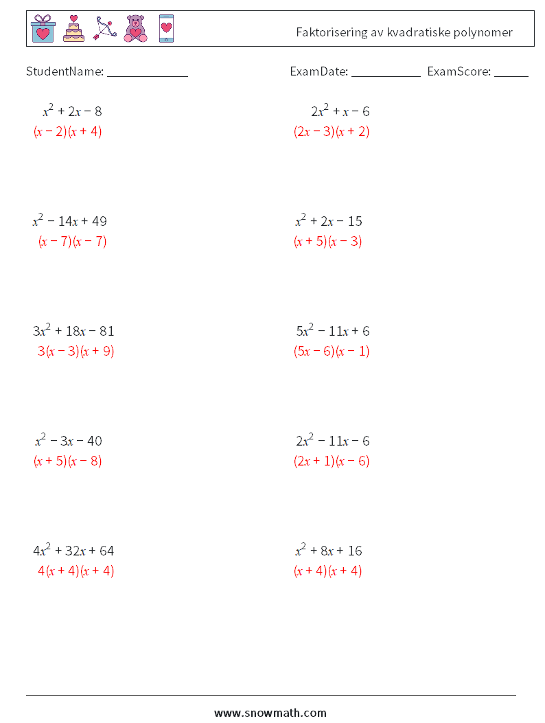 Faktorisering av kvadratiske polynomer MathWorksheets 2 QuestionAnswer