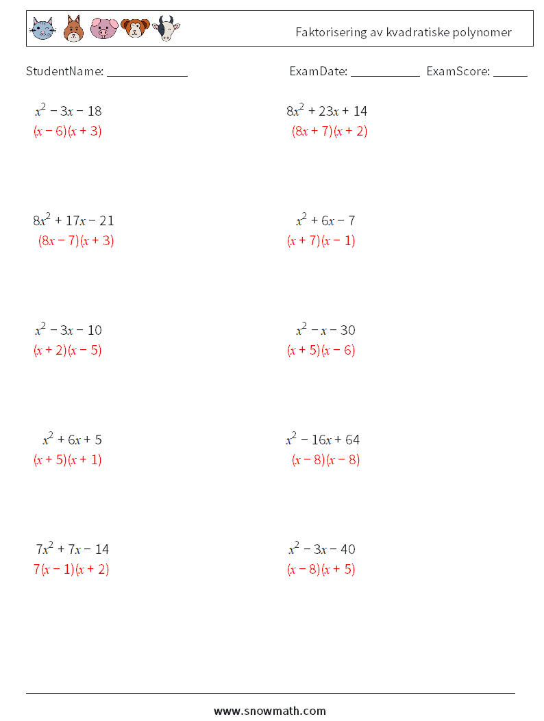 Faktorisering av kvadratiske polynomer MathWorksheets 3 QuestionAnswer