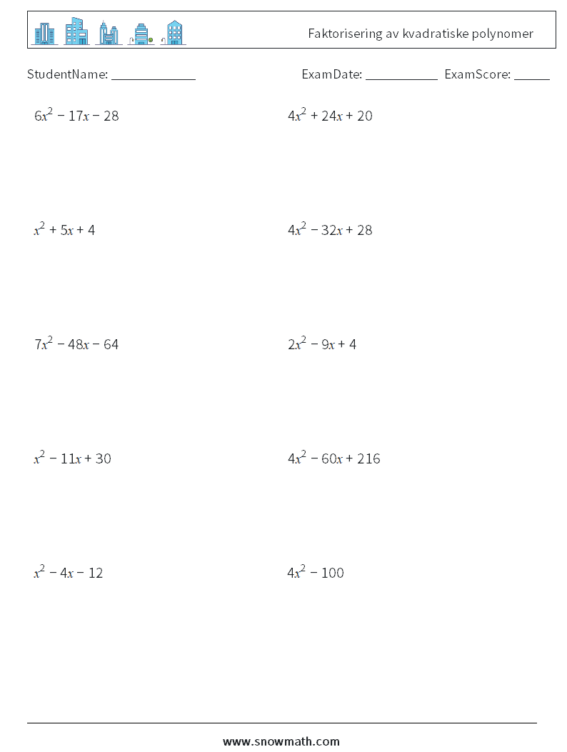 Faktorisering av kvadratiske polynomer MathWorksheets 4