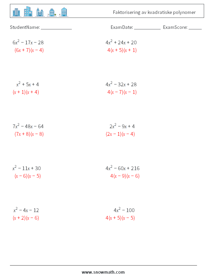 Faktorisering av kvadratiske polynomer MathWorksheets 4 QuestionAnswer