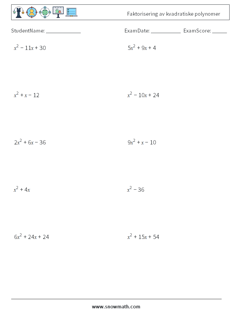 Faktorisering av kvadratiske polynomer MathWorksheets 5