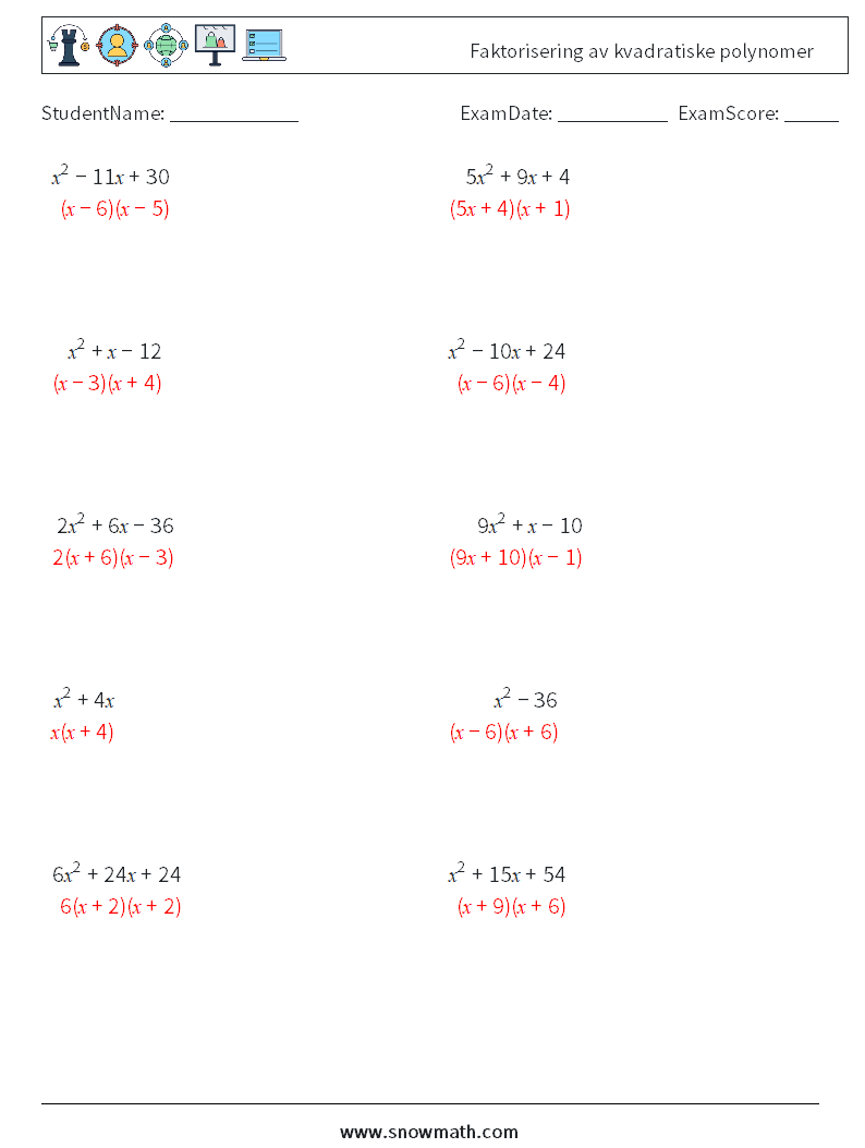 Faktorisering av kvadratiske polynomer MathWorksheets 5 QuestionAnswer