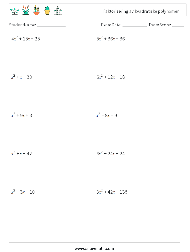 Faktorisering av kvadratiske polynomer MathWorksheets 6