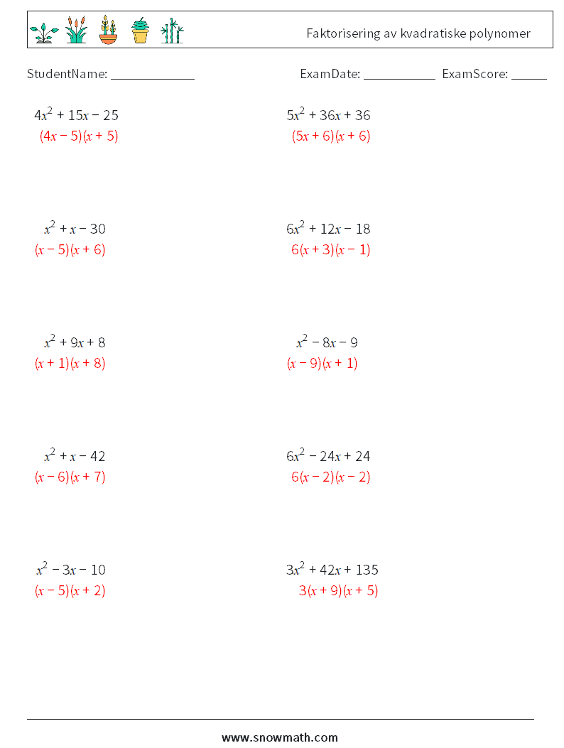 Faktorisering av kvadratiske polynomer MathWorksheets 6 QuestionAnswer