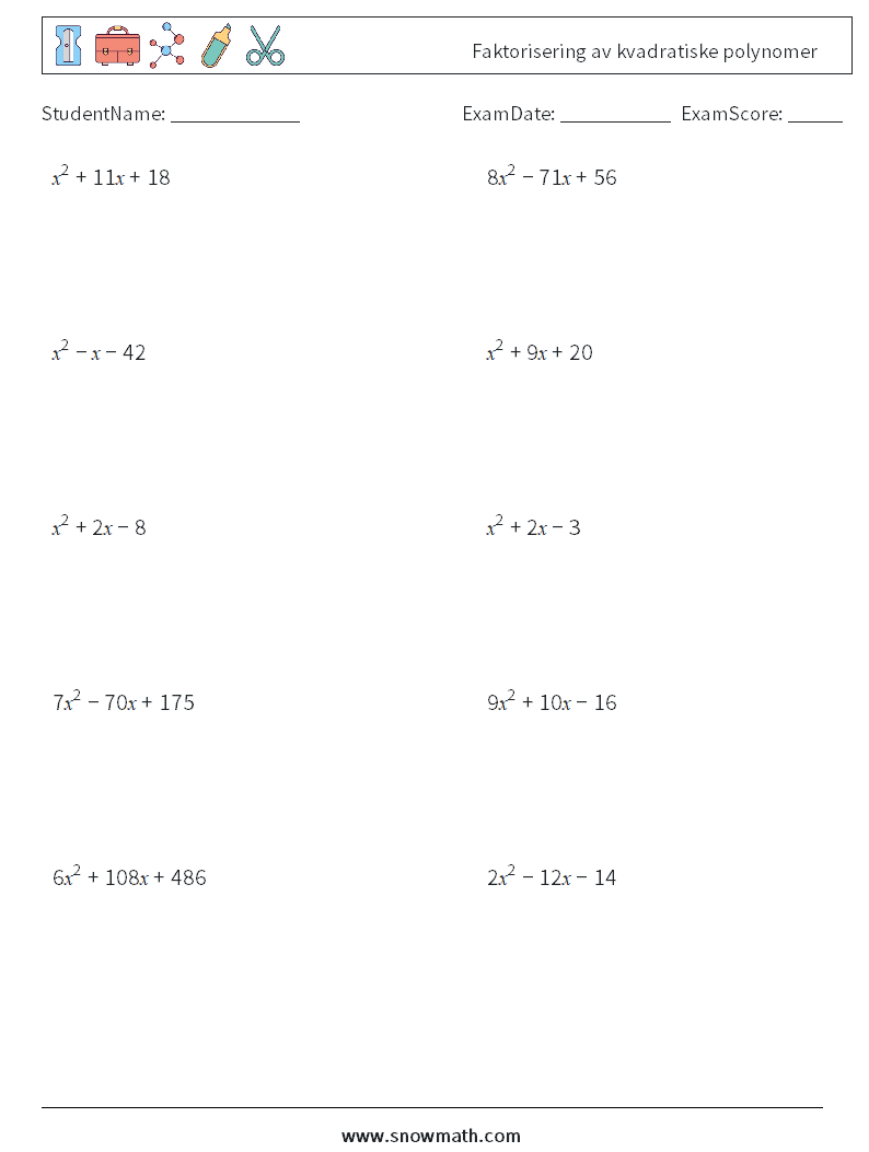 Faktorisering av kvadratiske polynomer MathWorksheets 7