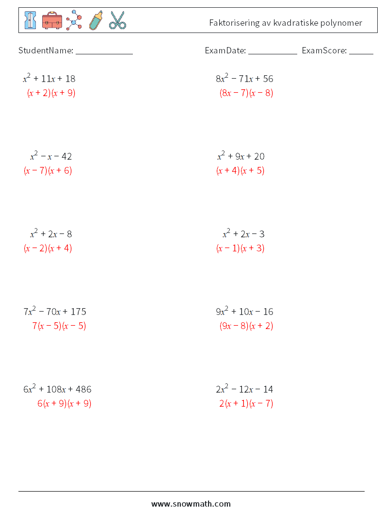 Faktorisering av kvadratiske polynomer MathWorksheets 7 QuestionAnswer