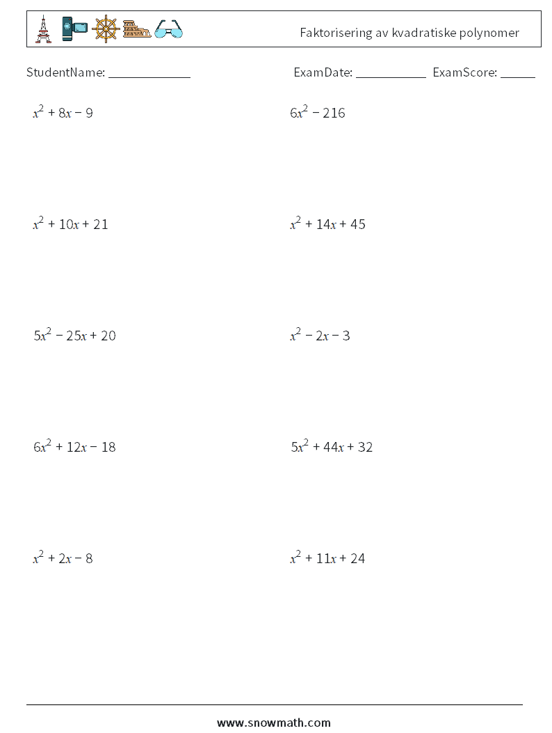 Faktorisering av kvadratiske polynomer MathWorksheets 8