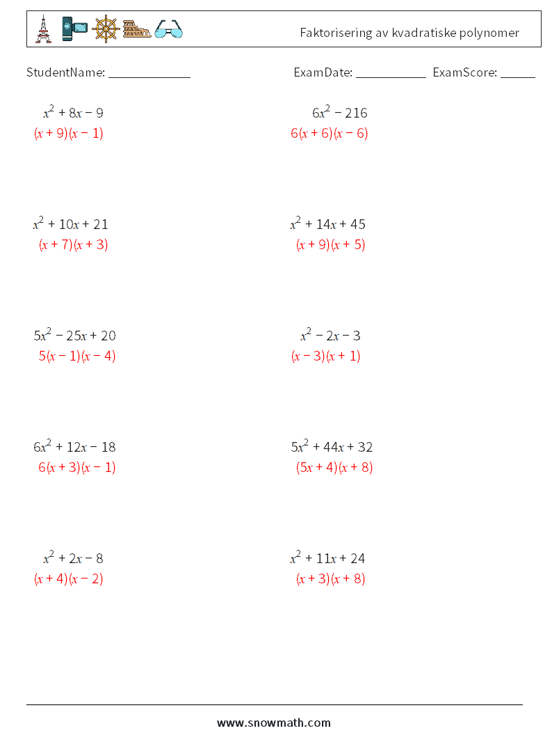 Faktorisering av kvadratiske polynomer MathWorksheets 8 QuestionAnswer