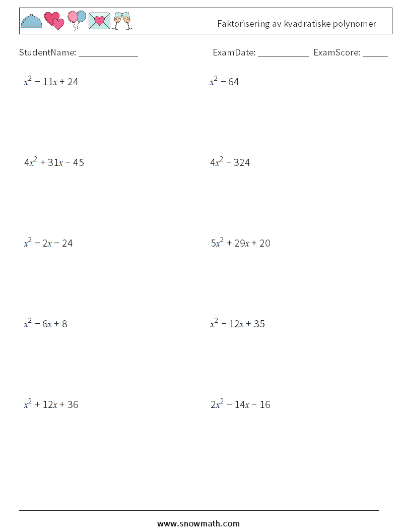Faktorisering av kvadratiske polynomer MathWorksheets 9