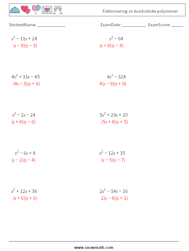 Faktorisering av kvadratiske polynomer MathWorksheets 9 QuestionAnswer