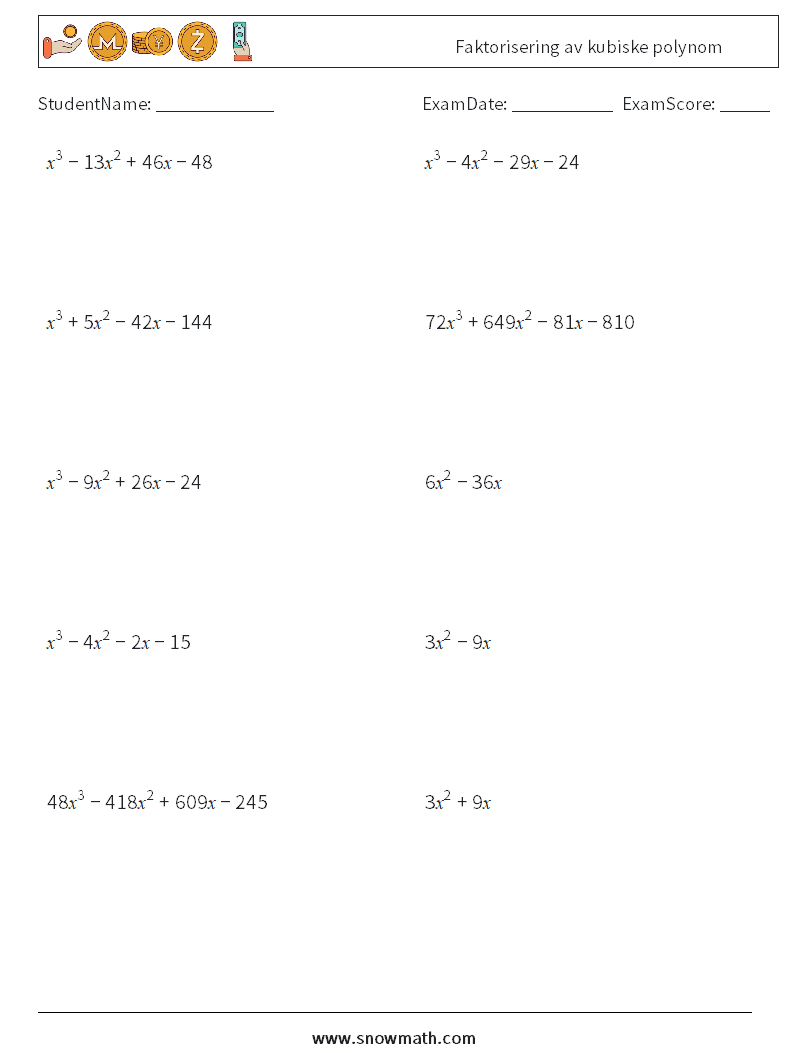 Faktorisering av kubiske polynom MathWorksheets 1