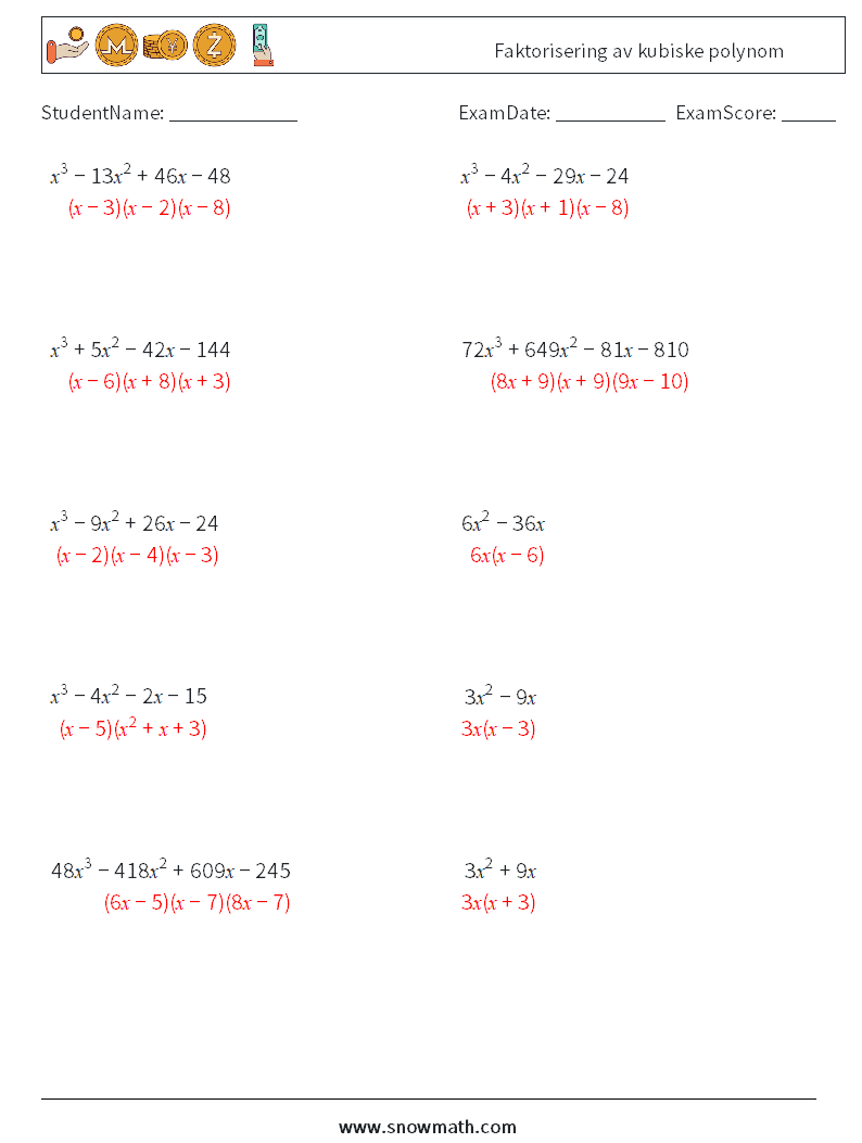 Faktorisering av kubiske polynom MathWorksheets 1 QuestionAnswer