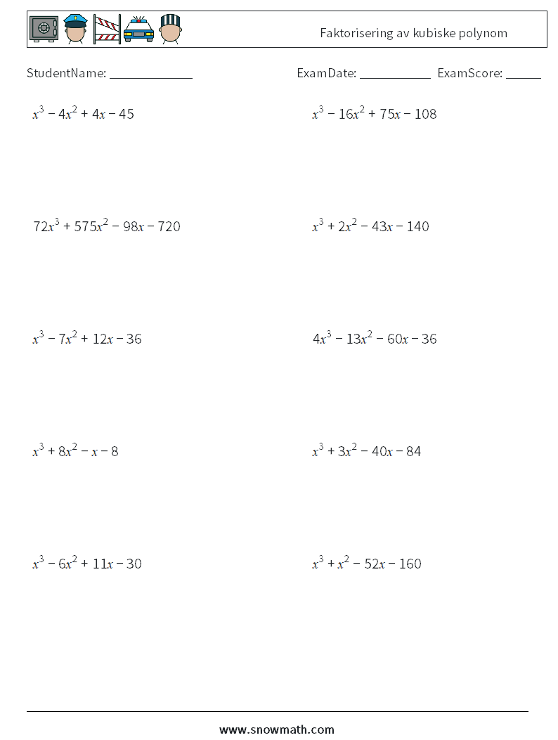 Faktorisering av kubiske polynom MathWorksheets 2