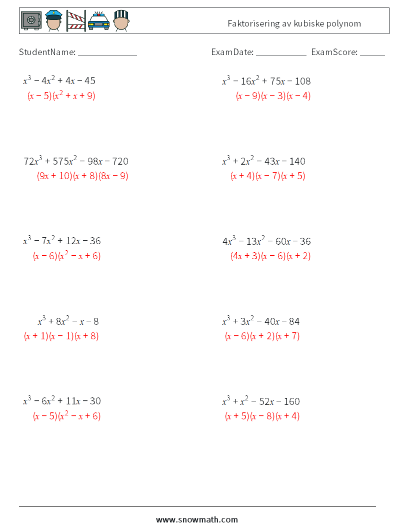 Faktorisering av kubiske polynom MathWorksheets 2 QuestionAnswer