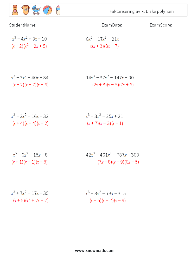 Faktorisering av kubiske polynom MathWorksheets 3 QuestionAnswer