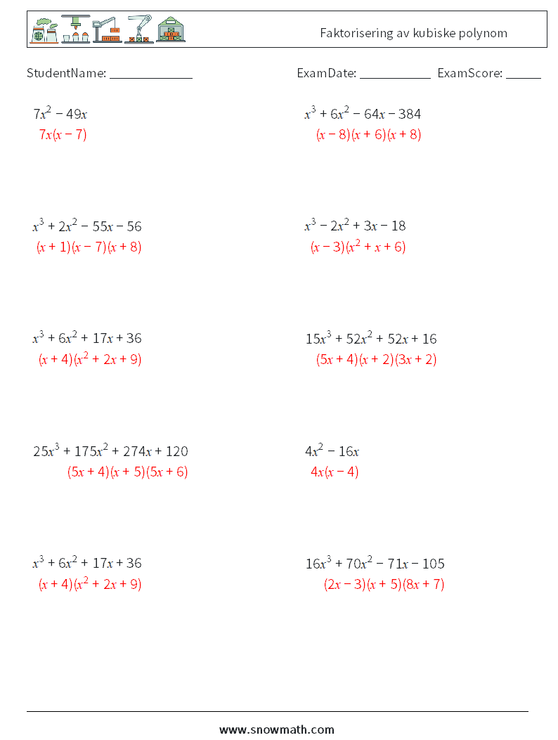 Faktorisering av kubiske polynom MathWorksheets 4 QuestionAnswer