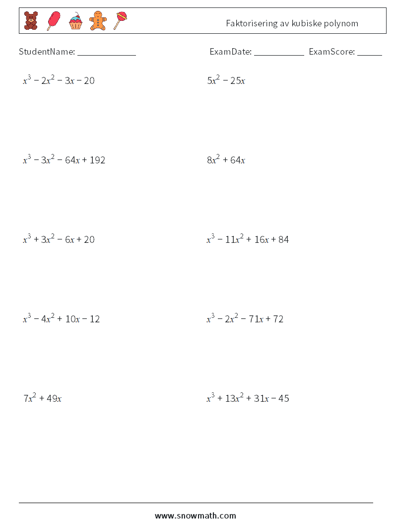 Faktorisering av kubiske polynom MathWorksheets 5