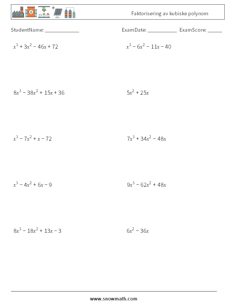 Faktorisering av kubiske polynom MathWorksheets 6