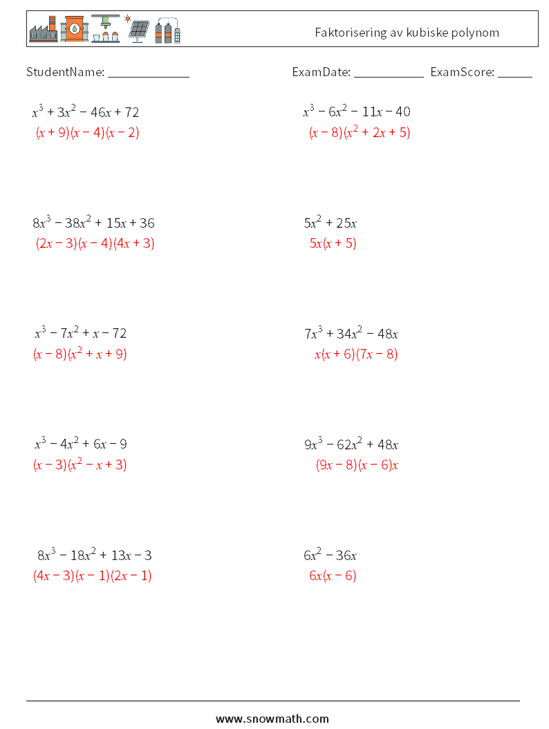 Faktorisering av kubiske polynom MathWorksheets 6 QuestionAnswer