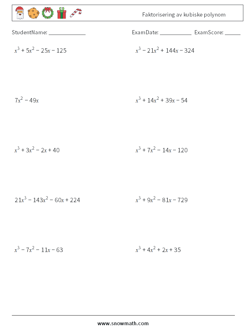 Faktorisering av kubiske polynom MathWorksheets 7