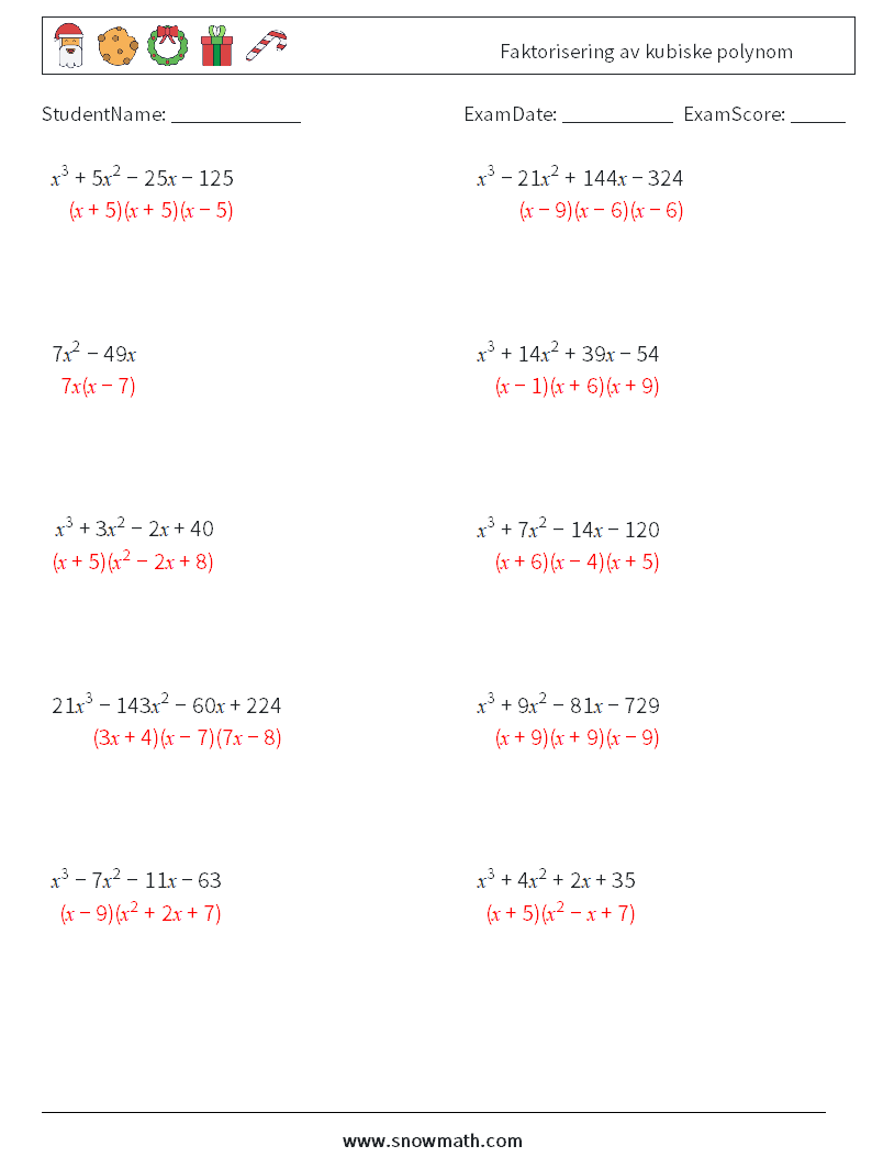 Faktorisering av kubiske polynom MathWorksheets 7 QuestionAnswer