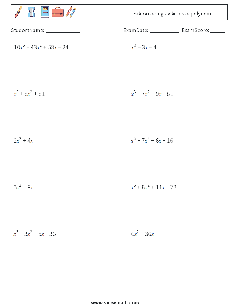 Faktorisering av kubiske polynom MathWorksheets 8