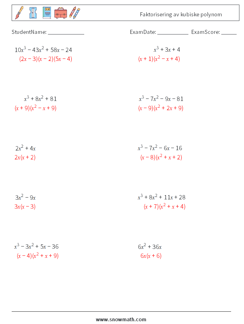 Faktorisering av kubiske polynom MathWorksheets 8 QuestionAnswer