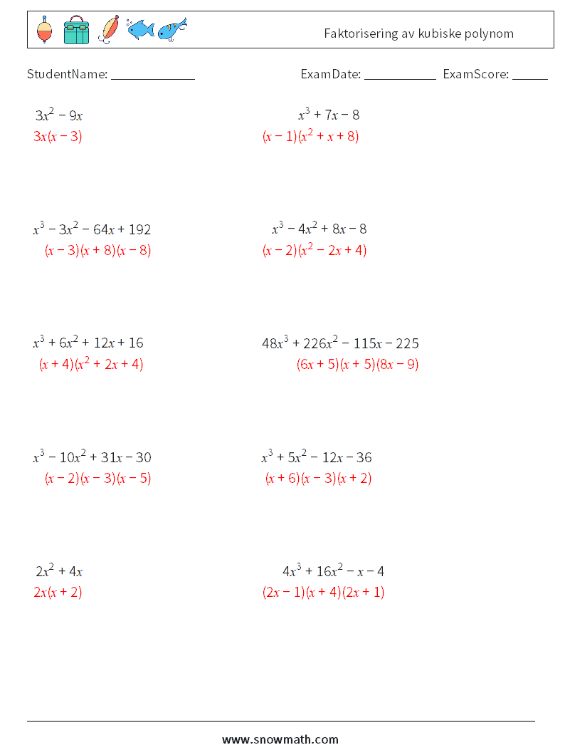 Faktorisering av kubiske polynom MathWorksheets 9 QuestionAnswer