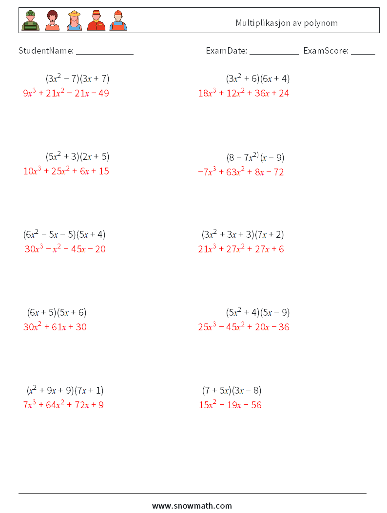 Multiplikasjon av polynom MathWorksheets 1 QuestionAnswer
