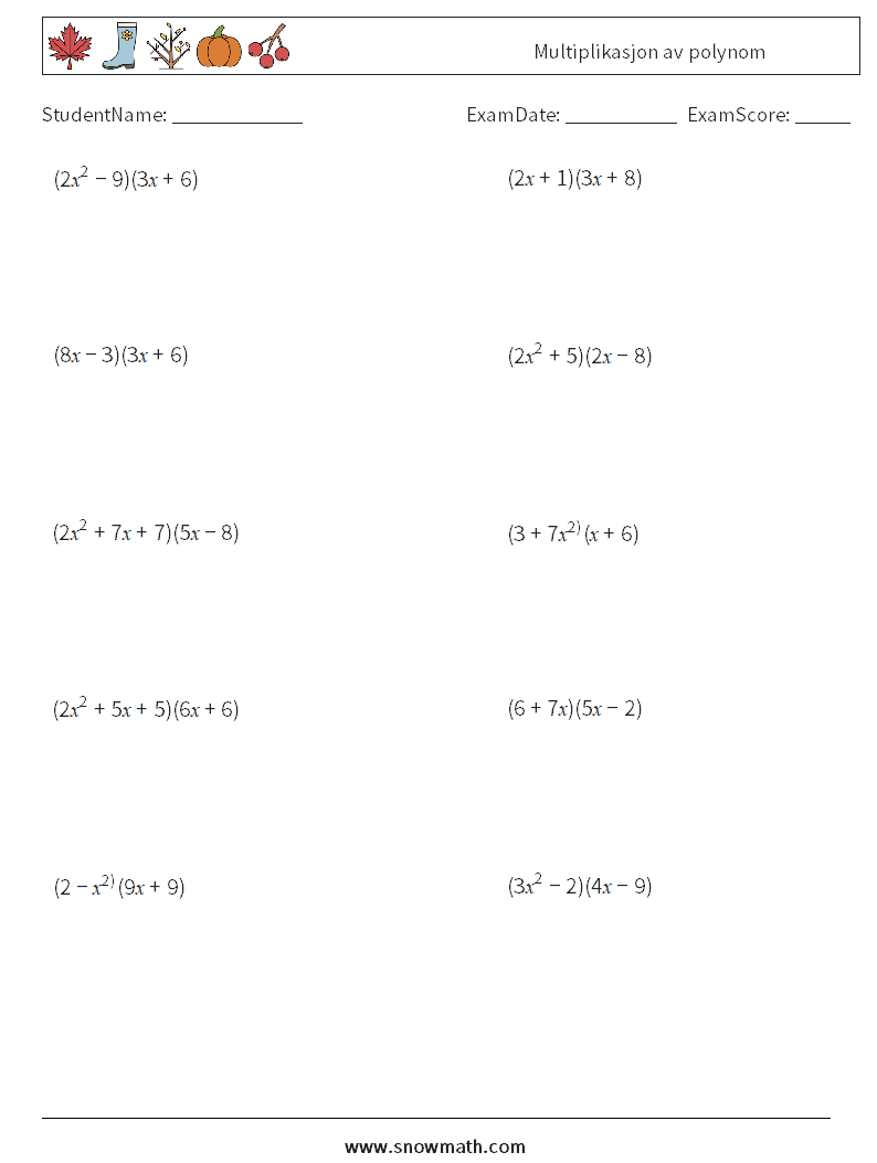 Multiplikasjon av polynom MathWorksheets 2