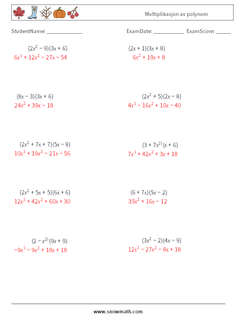 Multiplikasjon av polynom MathWorksheets 2 QuestionAnswer