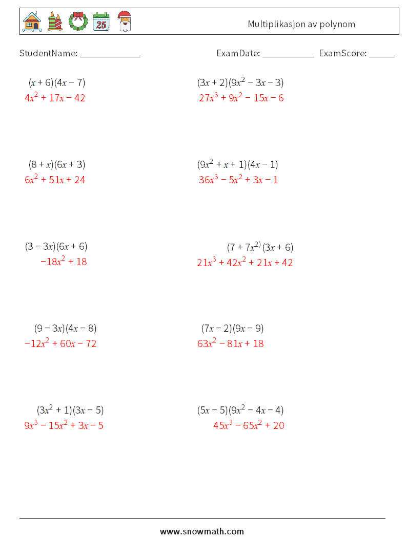 Multiplikasjon av polynom MathWorksheets 3 QuestionAnswer