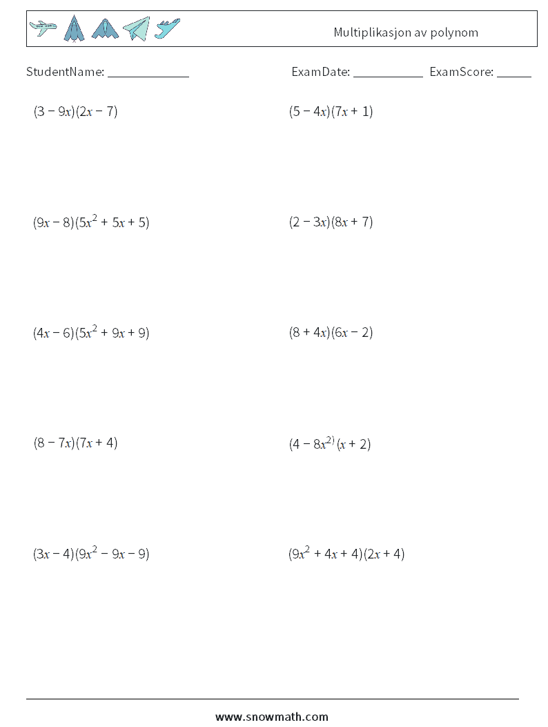 Multiplikasjon av polynom MathWorksheets 4