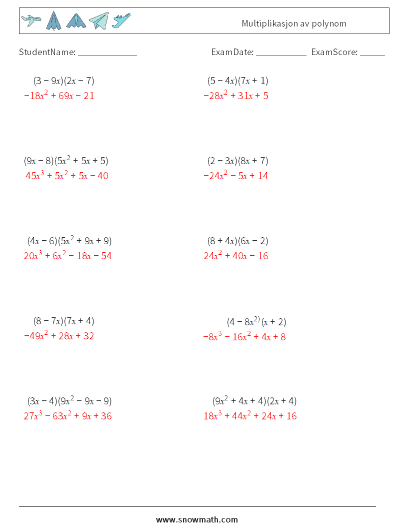 Multiplikasjon av polynom MathWorksheets 4 QuestionAnswer
