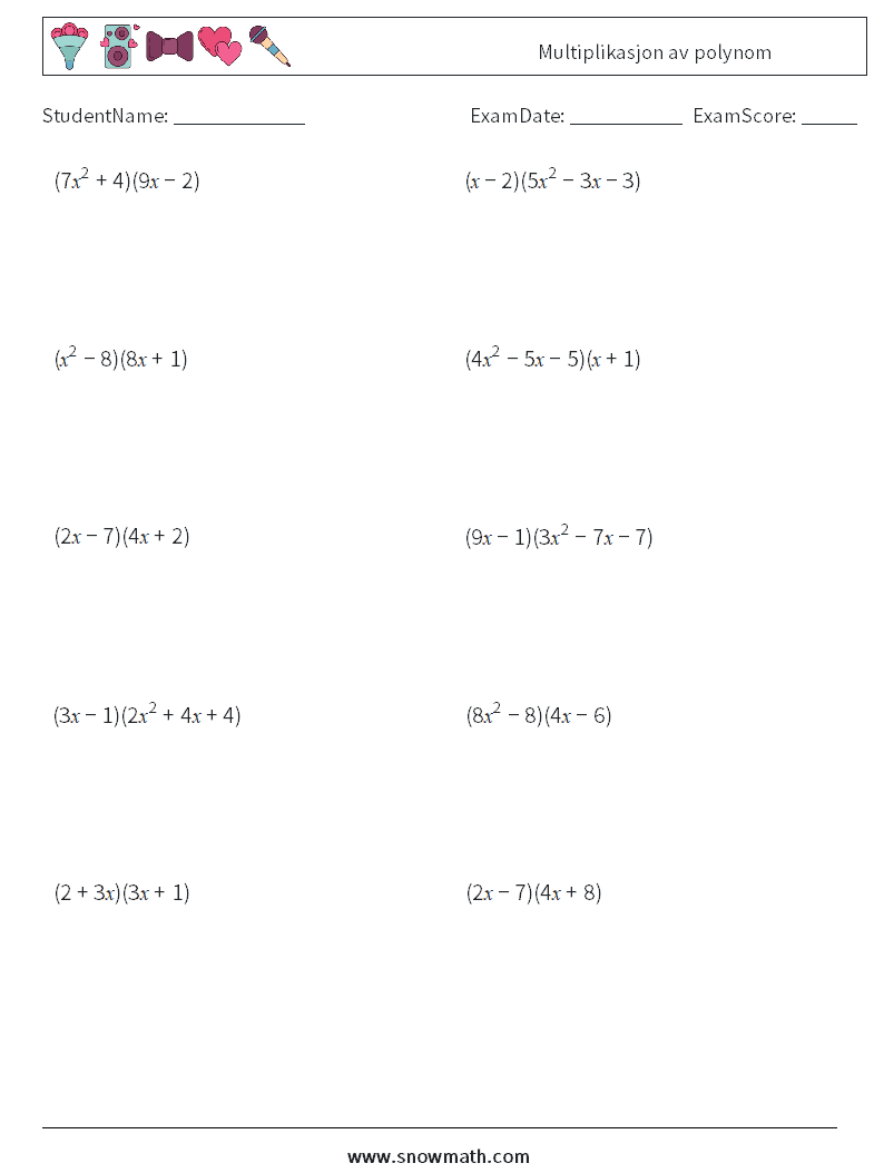Multiplikasjon av polynom MathWorksheets 5