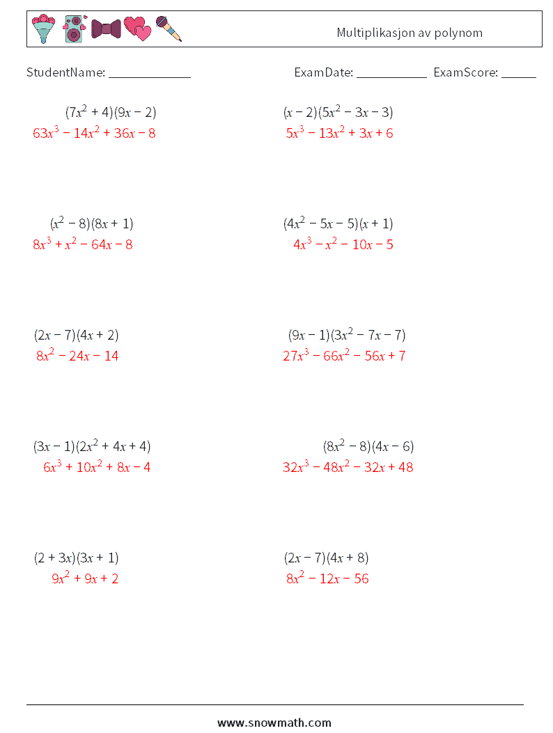 Multiplikasjon av polynom MathWorksheets 5 QuestionAnswer