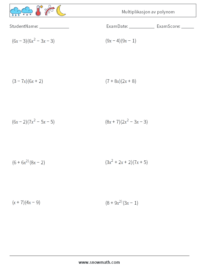 Multiplikasjon av polynom MathWorksheets 6