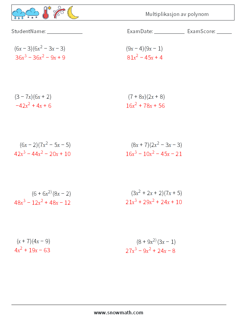 Multiplikasjon av polynom MathWorksheets 6 QuestionAnswer