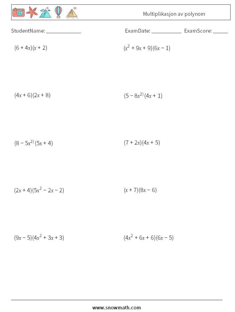 Multiplikasjon av polynom MathWorksheets 7