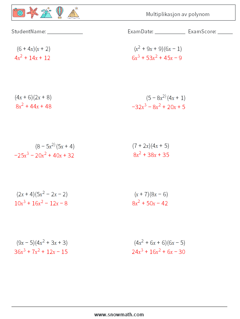 Multiplikasjon av polynom MathWorksheets 7 QuestionAnswer