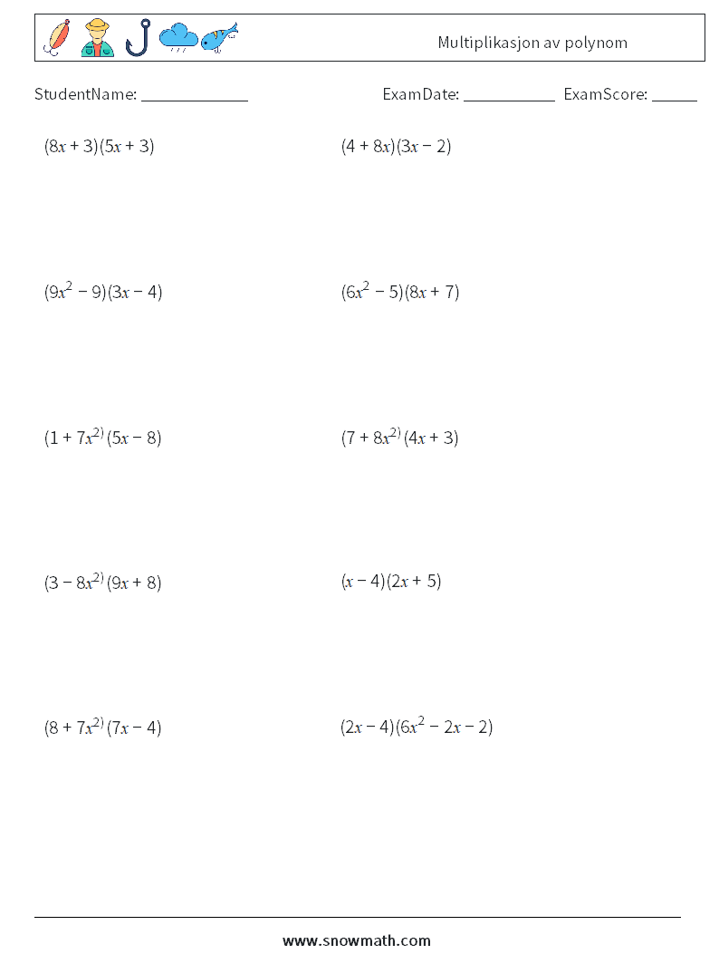 Multiplikasjon av polynom MathWorksheets 8