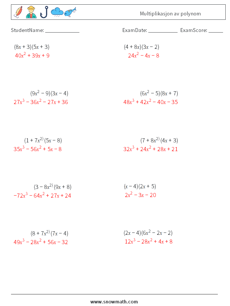 Multiplikasjon av polynom MathWorksheets 8 QuestionAnswer