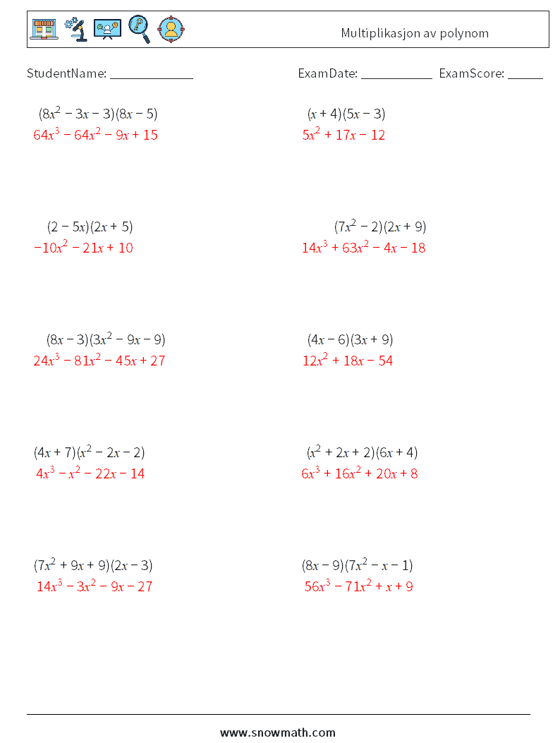 Multiplikasjon av polynom MathWorksheets 9 QuestionAnswer