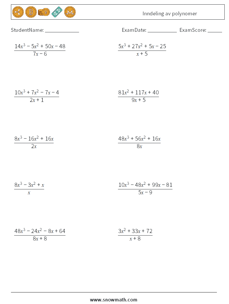 Inndeling av polynomer MathWorksheets 1