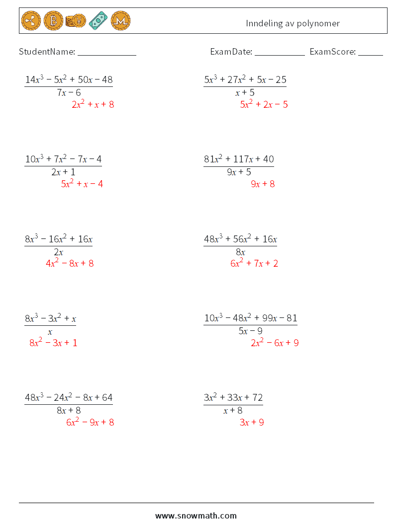 Inndeling av polynomer MathWorksheets 1 QuestionAnswer