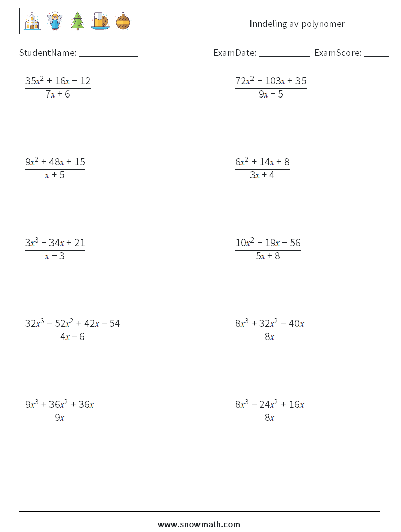 Inndeling av polynomer MathWorksheets 2