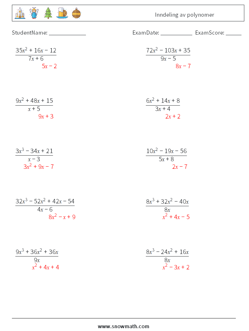 Inndeling av polynomer MathWorksheets 2 QuestionAnswer